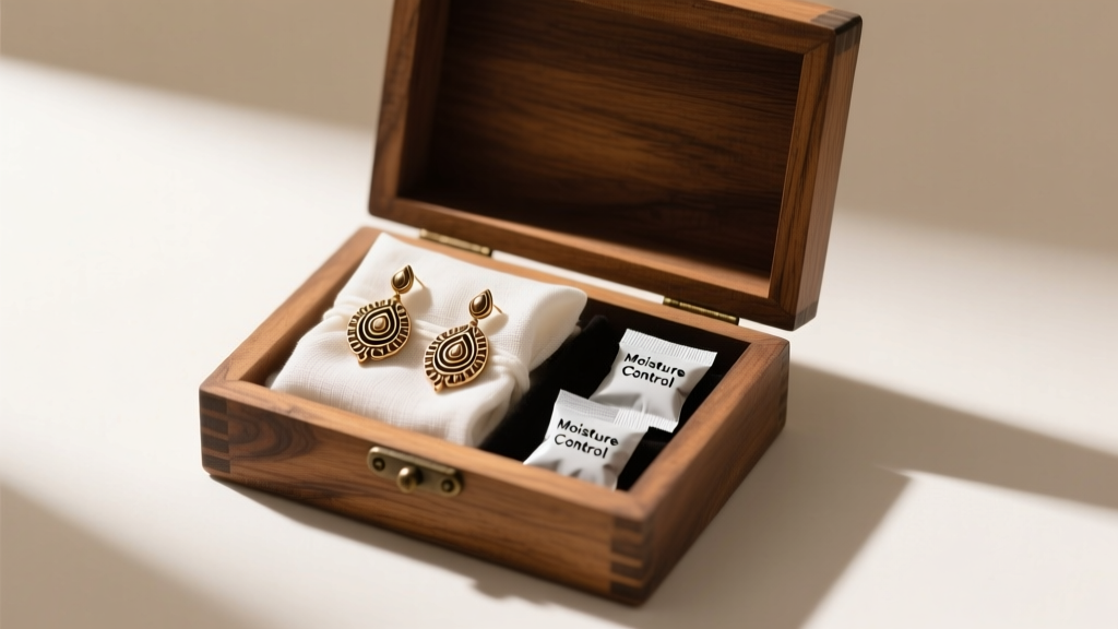 Open wooden box showing Bahubali earrings wrapped in white muslin cloth alongside small silica gel packets for moisture control.