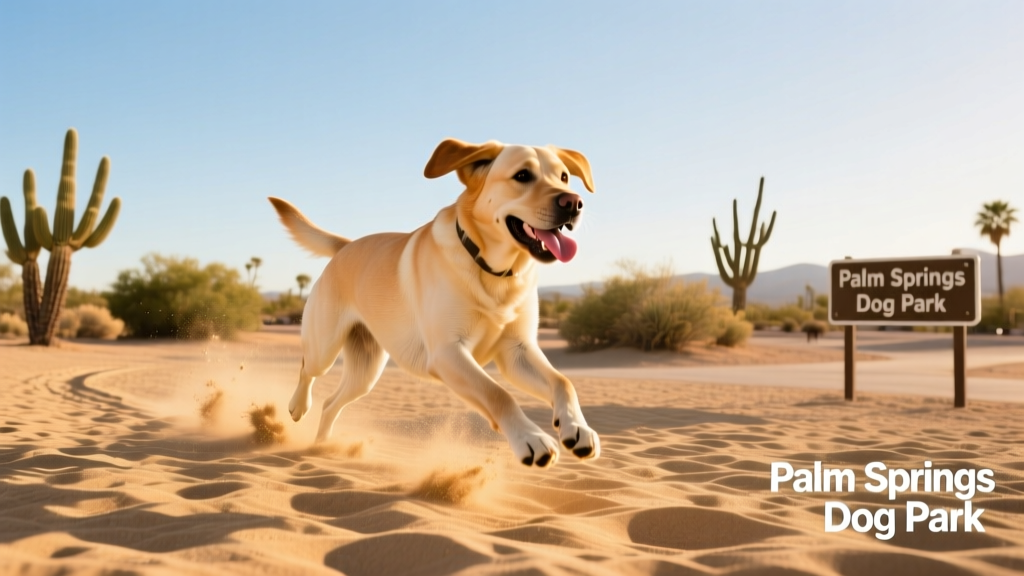A happy Labrador retriever running freely across a sandy, sunlit dog park with low desert shrubs in the background