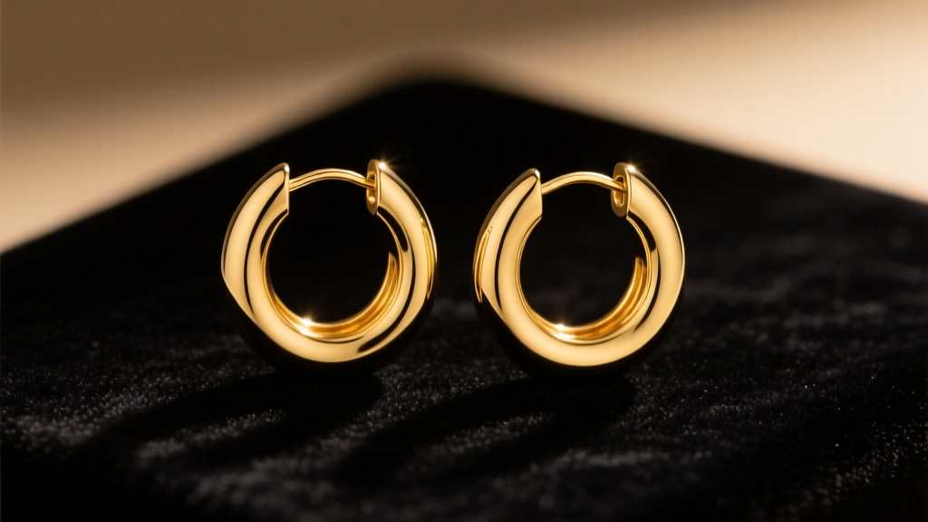Digital scale weighing 14k solid yellow gold hoop earrings on dark velvet, illuminated by soft warm boutique lighting.