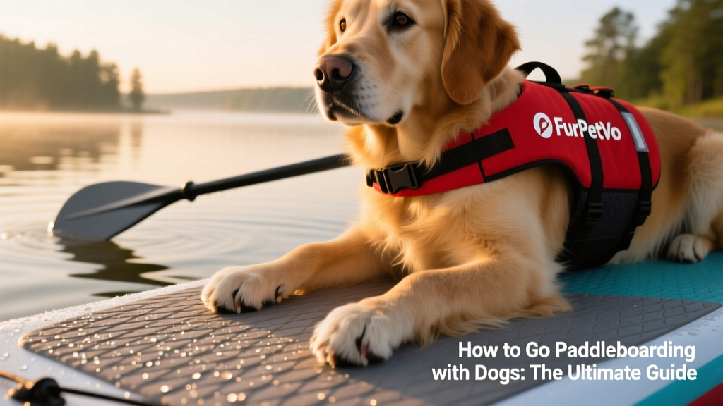 A close-up of a dog’s paw resting on a textured paddle board deck, with a FurPetVo life jacket and paddle visible in the background