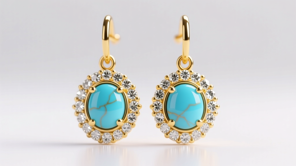 Macro shot of 18k yellow gold drop earrings with bezel-set sky blue Sleeping Beauty turquoise and bright diamond halos
