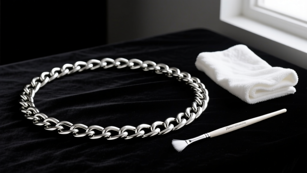 A 24-inch stainless steel Cuban link chain resting on dark velvet next to a microfiber cloth and a gentle jewelry cleaning brush.