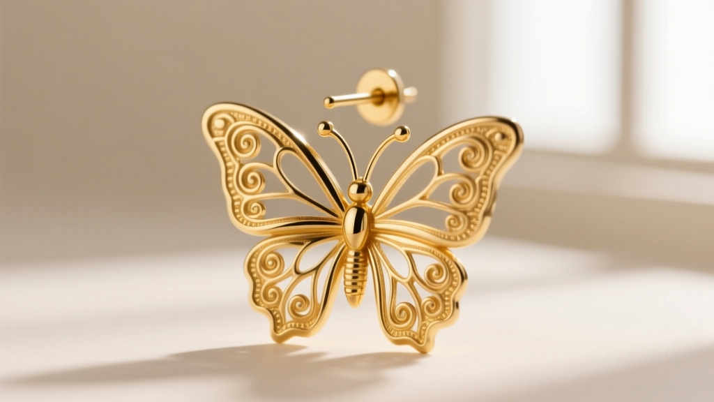 Macro shot of a 14k gold butterfly earring back on a notched post, soft lighting, sharp focus on the metal scrollwork.