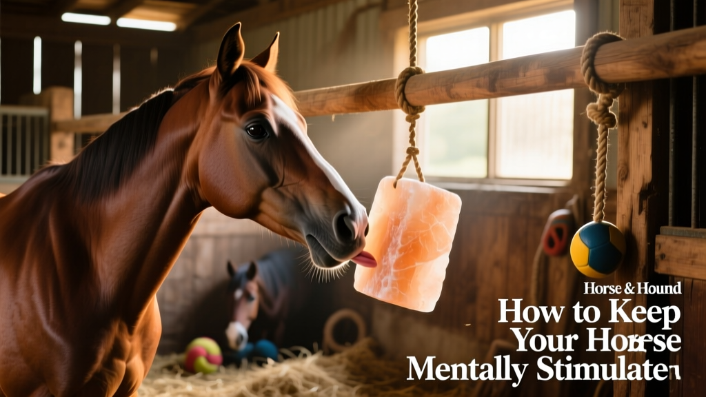 A horse licking a suspended Himalayan salt block attached to stall bars