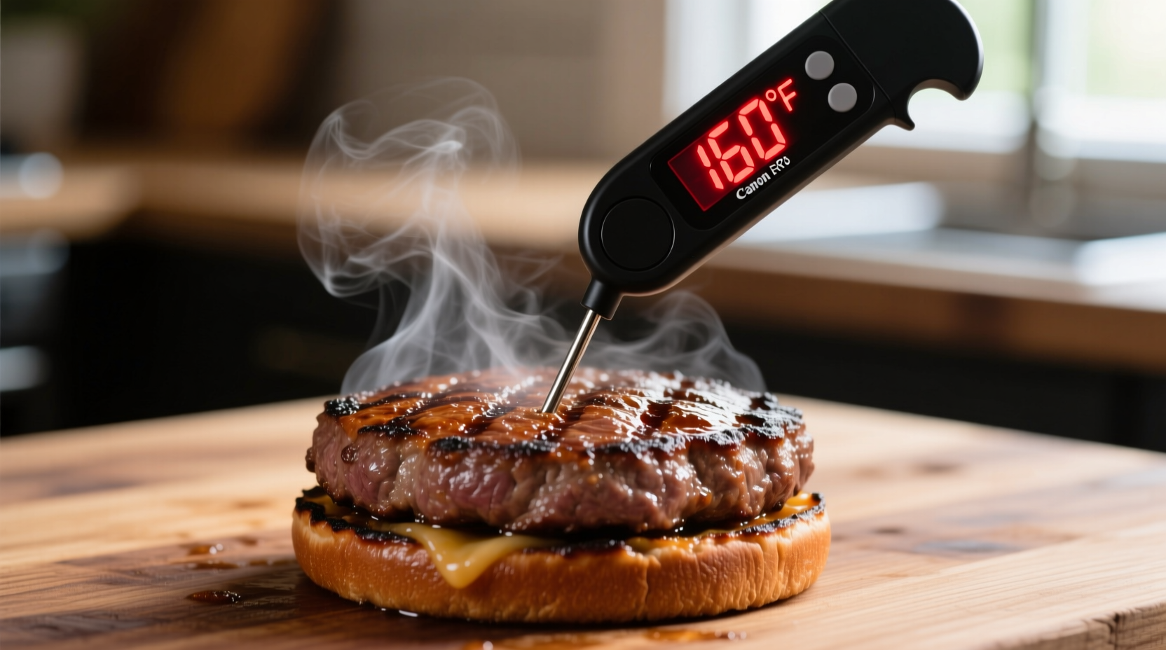 Digital meat thermometer showing 160 degrees in a beef burger
