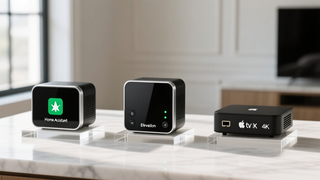 Side-by-side hardware comparison of Home Assistant Green, Hubitat Elevation, and Apple TV 4K smart home hubs