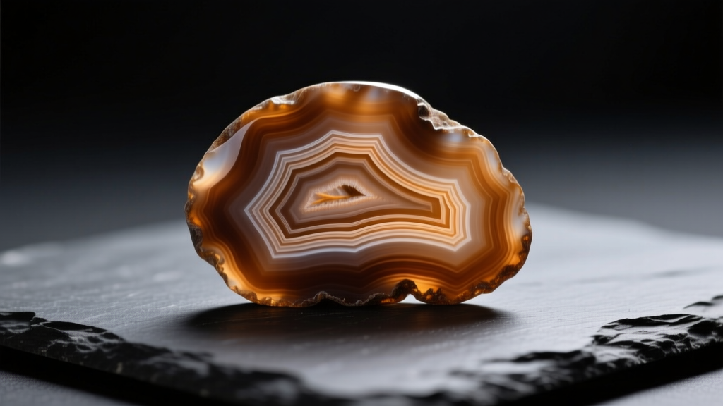 Macro shot of banded brown agate showing natural translucency and concentric growth rings on dark slate with moody lighting