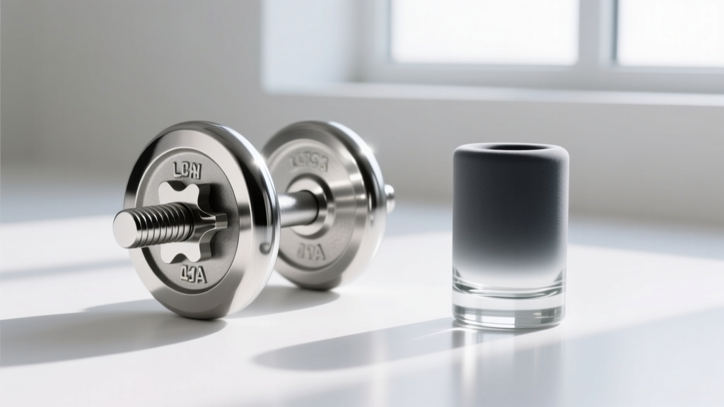 Side-by-side comparison of a polished steel circular barbell and a matte glass plug, highlighting surface texture differences.