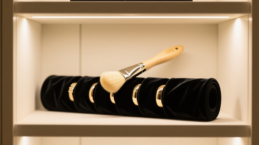 Soft bristle brush gently cleaning dusty black velvet ring rolls inside a spacious jewelry cabinet under warm LED lighting