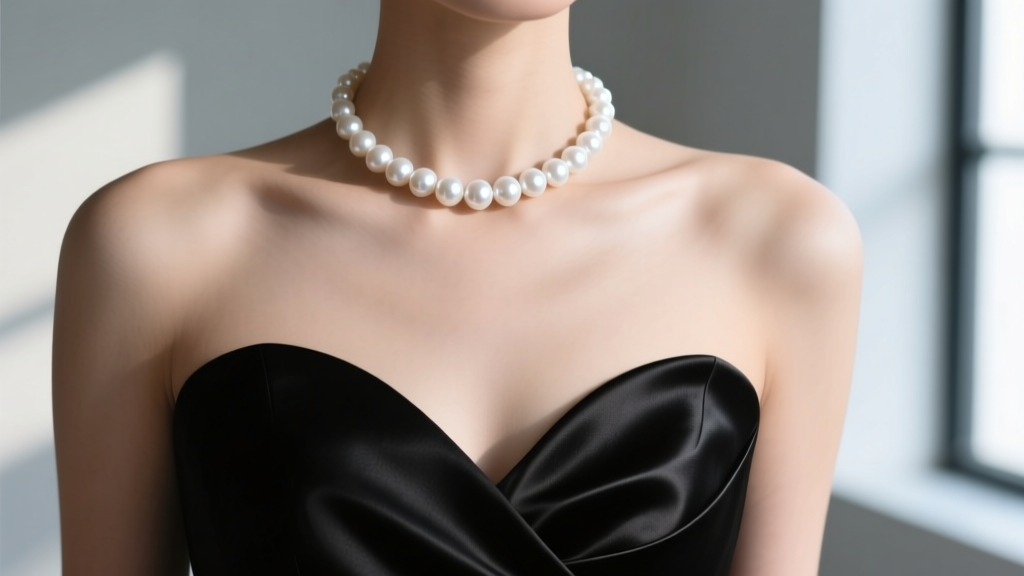 Close-up of a 16-inch pearl choker resting on the collarbone above a black sweetheart neckline evening gown in high detail.