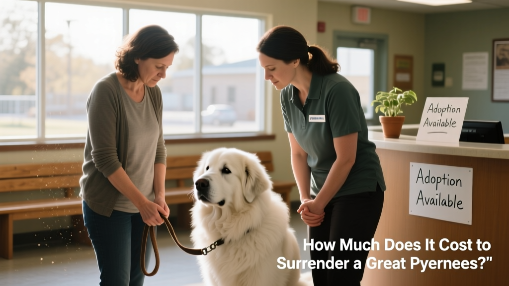 A compassionate conversation between a shelter counselor and a pet owner holding a leash