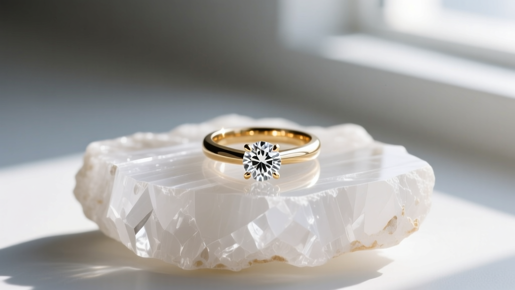 Macro photo of a 14k white gold solitaire diamond ring resting on raw white quartz, illuminated by soft morning window light.