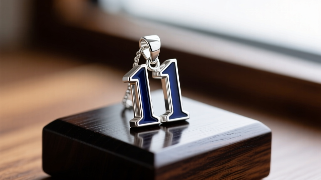Macro shot of a sterling silver number 11 pendant with navy enamel accents on a dark polished wooden jewelry display block