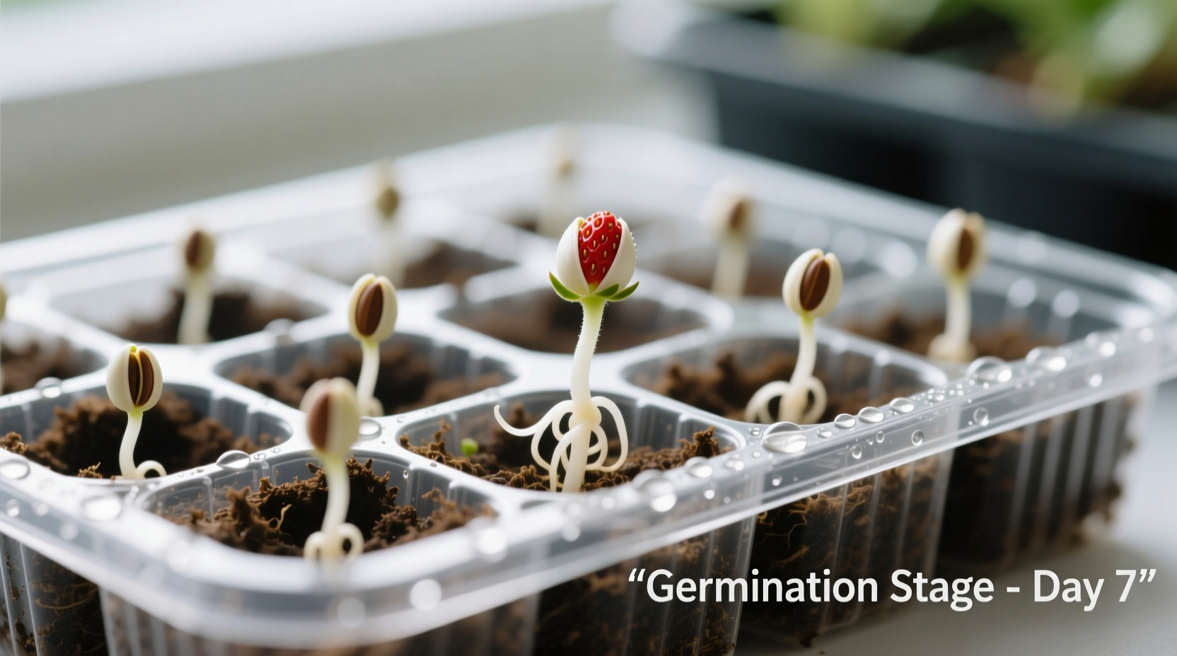 Strawberry seeds germinating in seed tray with visible roots