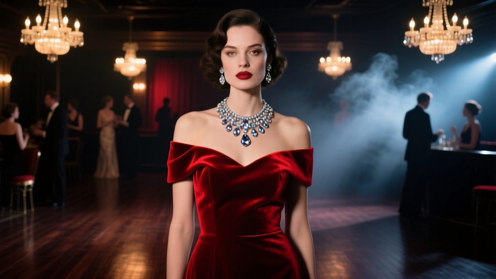 Woman wearing a sparkling crystal collar necklace and a crimson velvet off-shoulder gown in a dimly lit, moody cabaret setting.