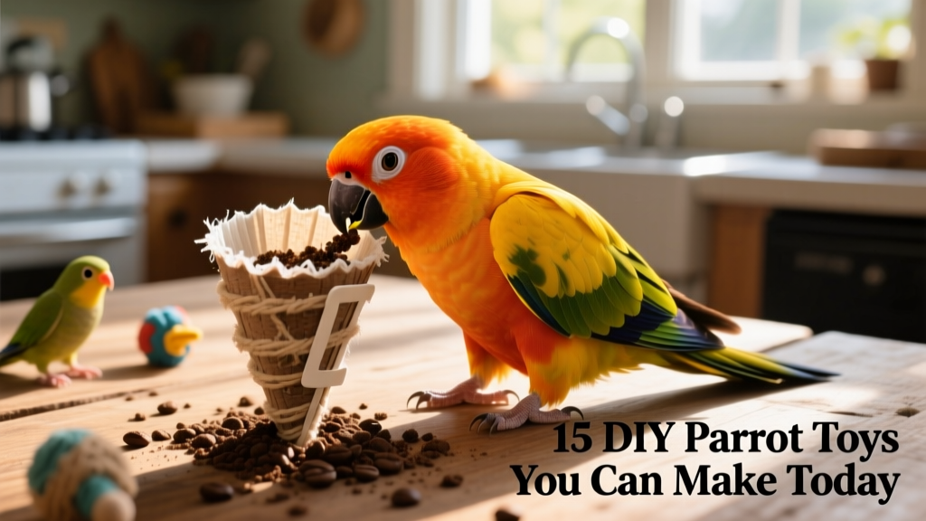 A sun conure perched beside a completed coffee filter foraging cone, gently pulling at the edge with its beak