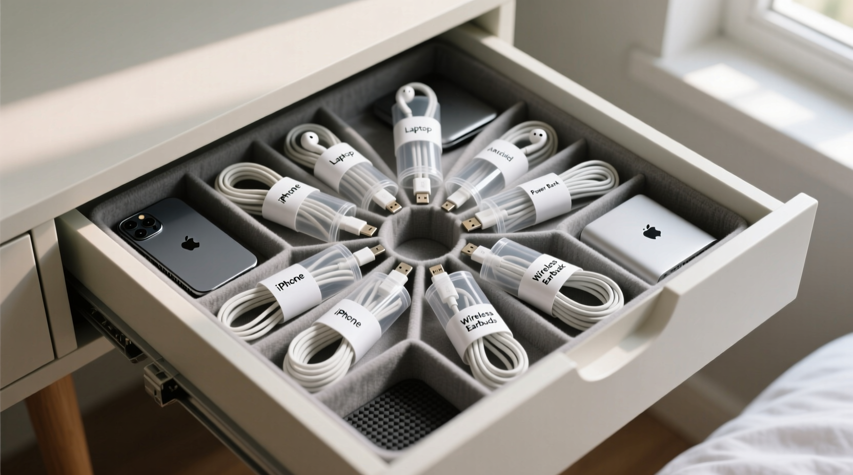 best way to organize cords and chargers in a drawer no kits required