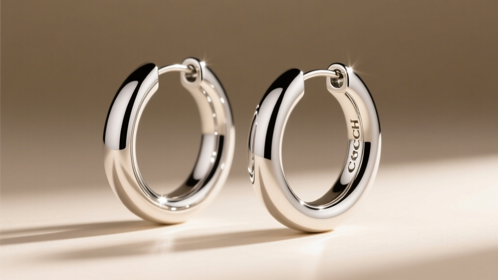 Polished sterling silver Coach Signature C medium hoops, studio lighting highlighting the rhodium finish against a beige backdrop