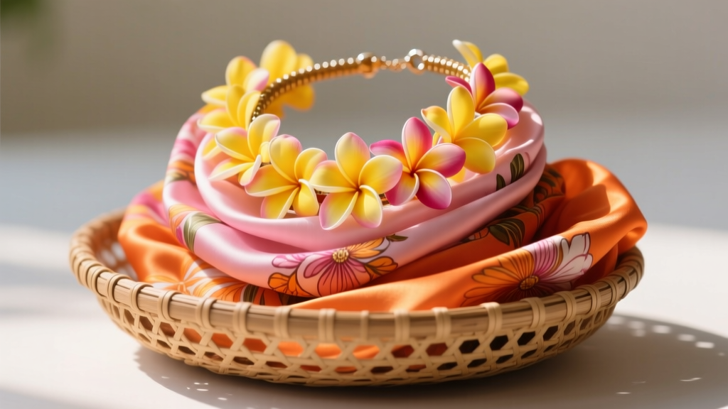 Stack of brightly colored silk luau flower necklaces in yellow, pink, and orange, neatly arranged in a woven basket for a party