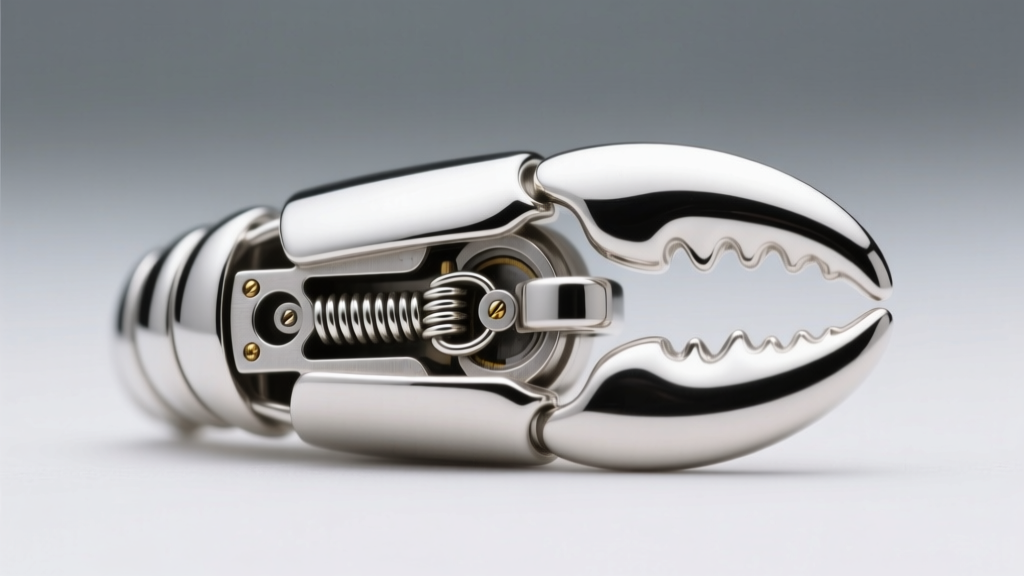 Extreme close-up of a sterling silver lobster clasp partially open, revealing the internal steel spring and tiny solder joints.