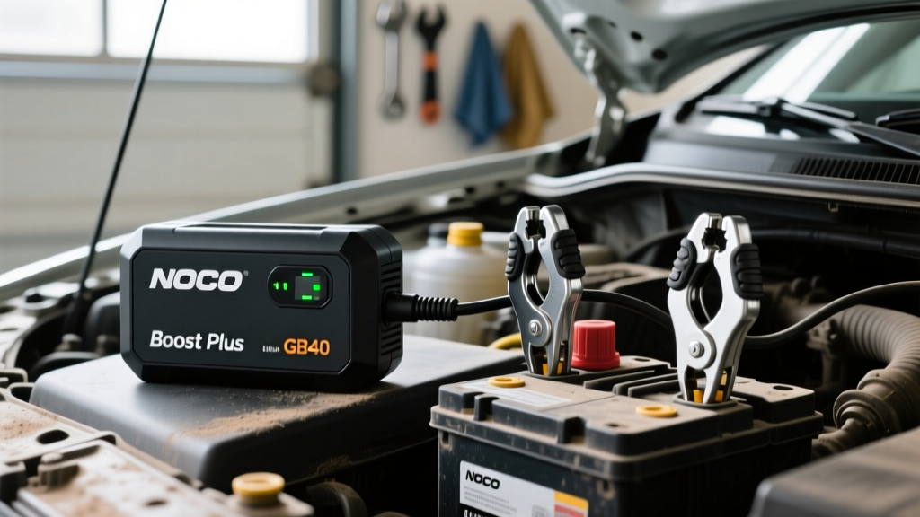NOCO Boost Plus GB40 lithium jump starter sitting on the engine bay next to a car battery with heavy-duty clamps attached to terminals