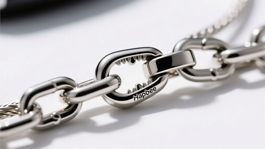 Close-up of a 1.5mm steel cable chain on a Hapbee pendant, focusing on the secure lobster clasp and highly polished link joints.