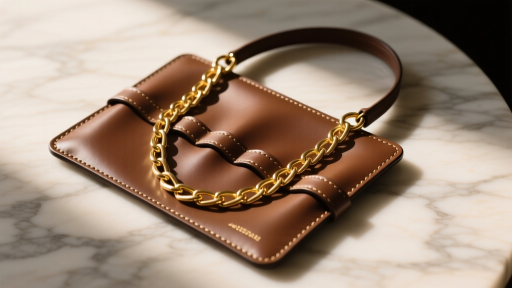 Leather travel necklace organizer on marble, showing gold chains in elastic loops under warm lighting, shot from top-down angle