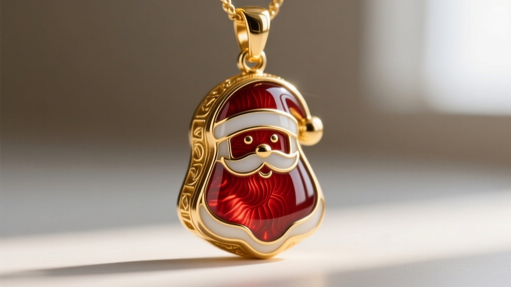 Macro shot of a gold Santa pendant highlighting the flawless glass finish of red vitreous enamel inside a champlevé recess.