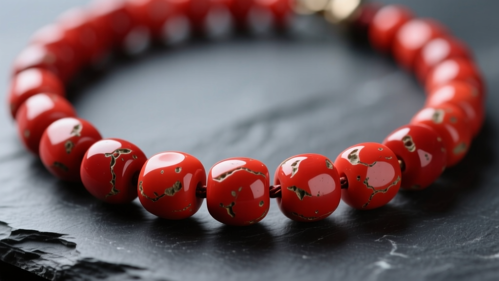 Macro shot of a vintage red coral bead necklace with slight surface pitting and faded polish, resting on a dark slate background
