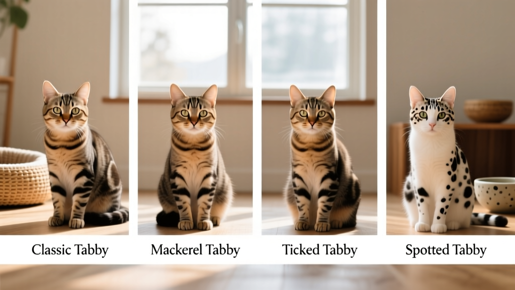 Four tabby pattern examples: classic, mackerel, ticked, and spotted side by side