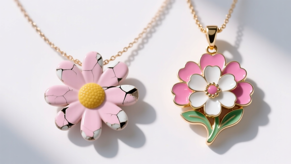 Side-by-side view of chipped cold enamel pink daisy necklace next to pristine fired enamel floral piece under bright studio light