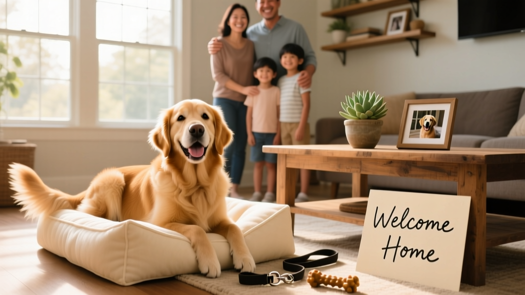 A happy dog settling into a new home, resting on a cozy dog bed beside a smiling family
