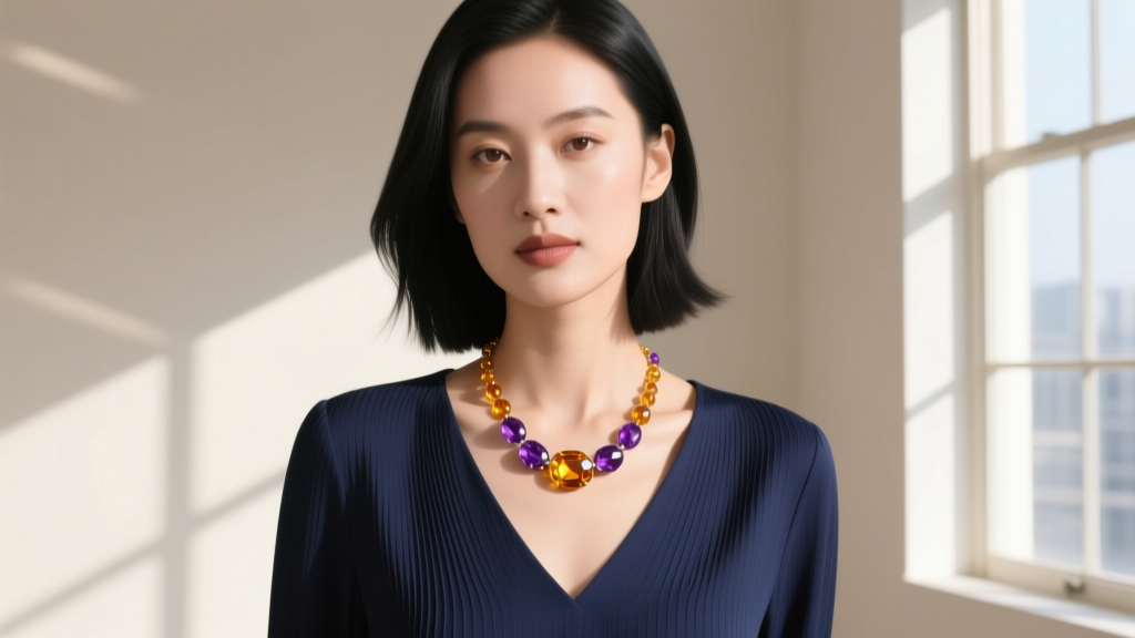 Woman wearing a U-shaped citrine and amethyst bead necklace over a navy boat-neck blouse, illuminated by bright natural daylight.