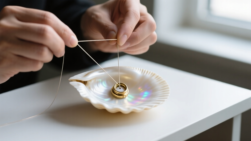 Close-up of jeweler threading micro beading wire through a brass grommet inside a thick white cowrie shell drill hole on a desk.