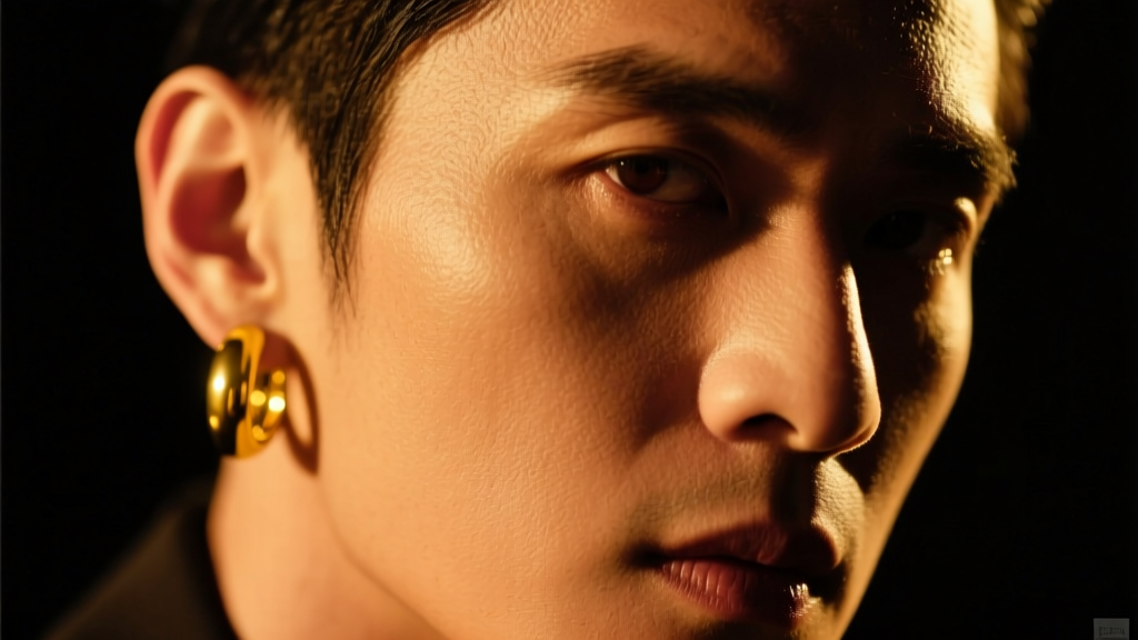 Close-up portrait of a musician wearing a single thick 14k yellow gold hoop earring in his left ear under moody stage lighting.