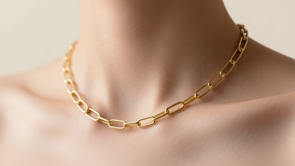 Close-up of a delicate 16-inch 14k gold paperclip chain necklace resting perfectly on the collarbone under soft studio lighting