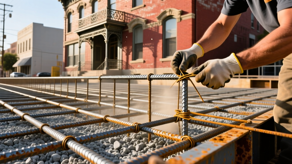 Heavy-duty steel rebar grid being tied over a compacted gravel base for a commercial foundation pour near a historic brick building in downtown Riverside California