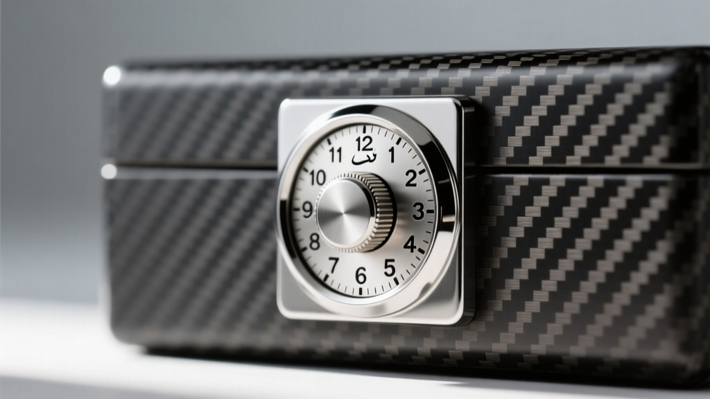 Close-up of a polished stainless steel combination dial lock on a carbon fiber jewelry box, showing precise laser-etched numbers