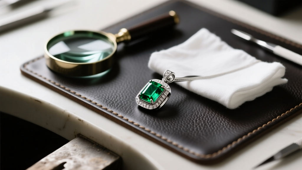 Jeweler bench with a loupe, cloth, and half-finished platinum bezel setting for an emerald pendant on a dark leather work mat.