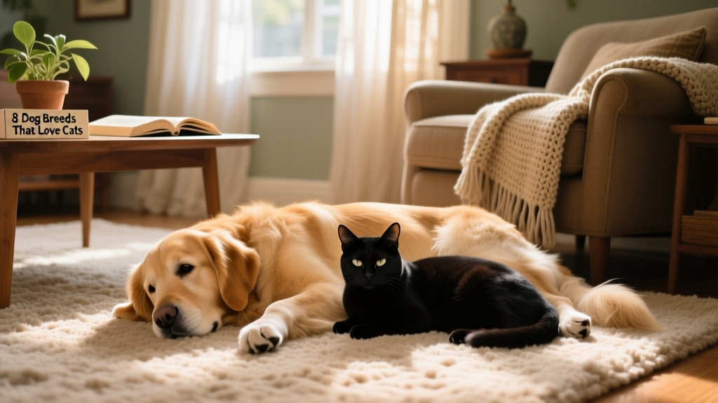 A golden retriever lying gently beside a black cat on a cozy living room floor