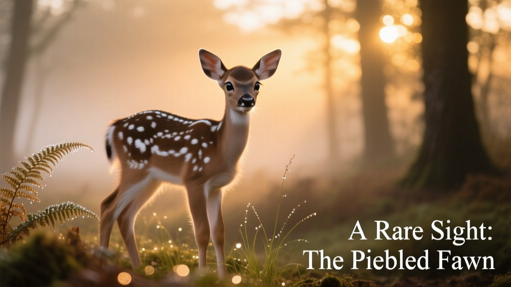 The piebald fawn standing at the forest edge at sunrise, backlit by soft golden light, white patches glowing against the warm tones