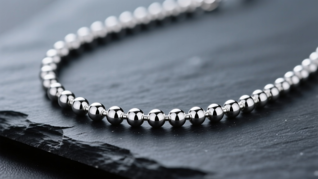 Macro shot of a pristine 2.4mm sterling silver ball chain necklace on dark slate, reflecting bright, soft studio lighting.