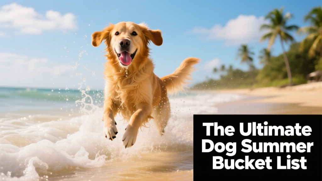 A golden retriever happily splashing in shallow ocean waves at a sunny beach