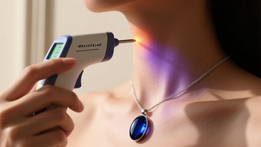 Hand holding an infrared thermometer near the neck, comparing skin heat to a dark blue thermochromic mood necklace pendant stone