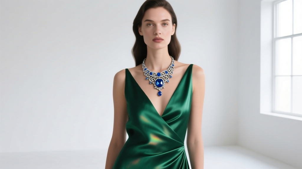 Woman wearing a deep V-neck emerald green silk gown with a large antique-style blue diamond replica necklace as the focal point.