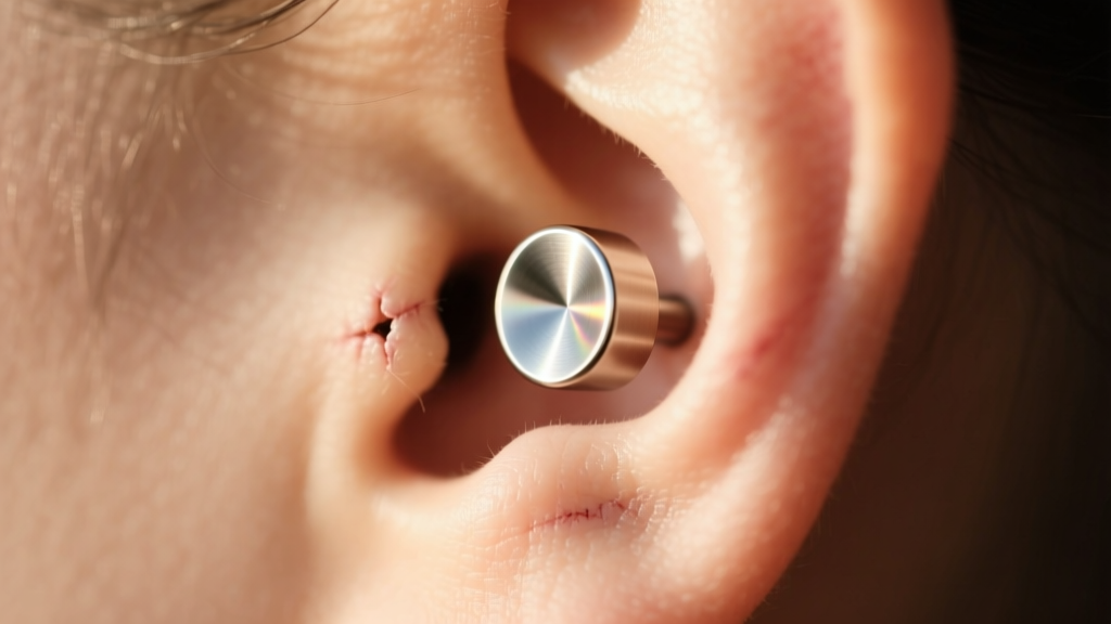 Macro shot of a titanium labret stud in a healed left earlobe, bathed in soft morning light against a neutral background.