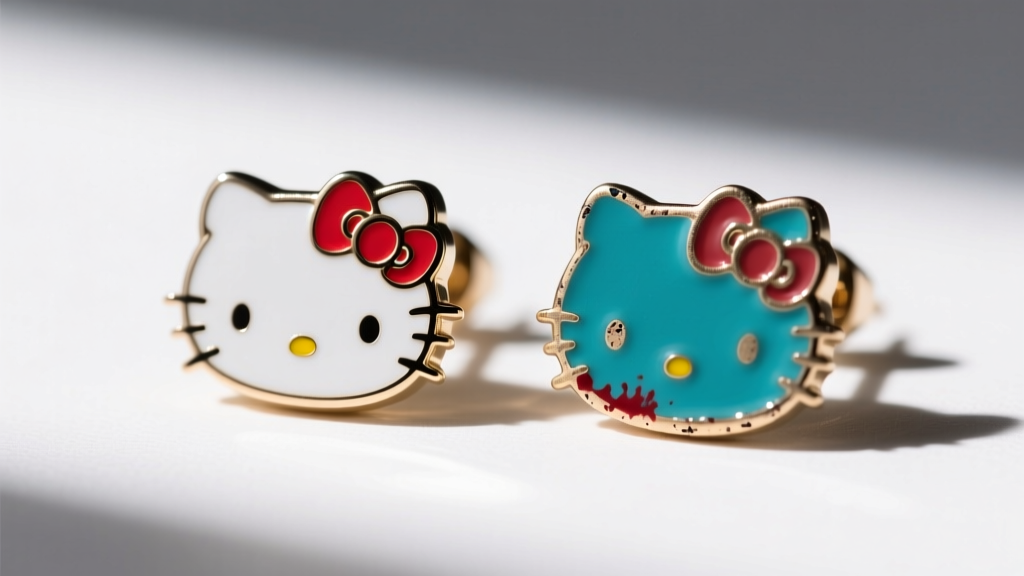 Macro comparison of a genuine Sanrio Hello Kitty earring with crisp enamel and a fake with bleeding paint and rough metal edges