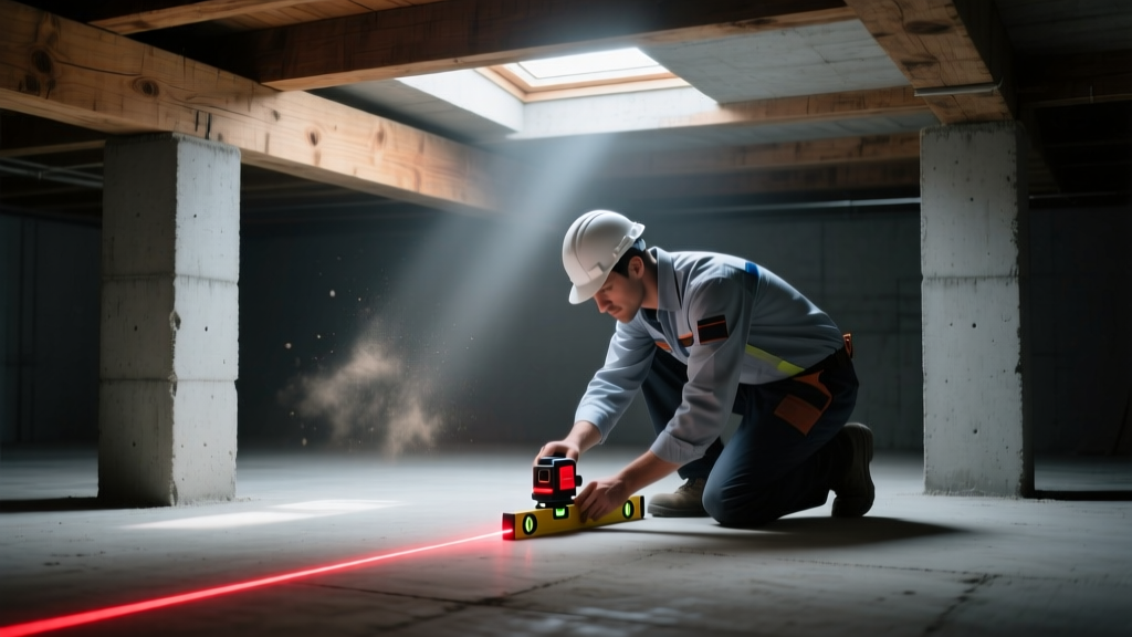 Structural engineer using a laser level to measure floor slope in a dimly lit crawlspace with concrete pier blocks and wooden joists