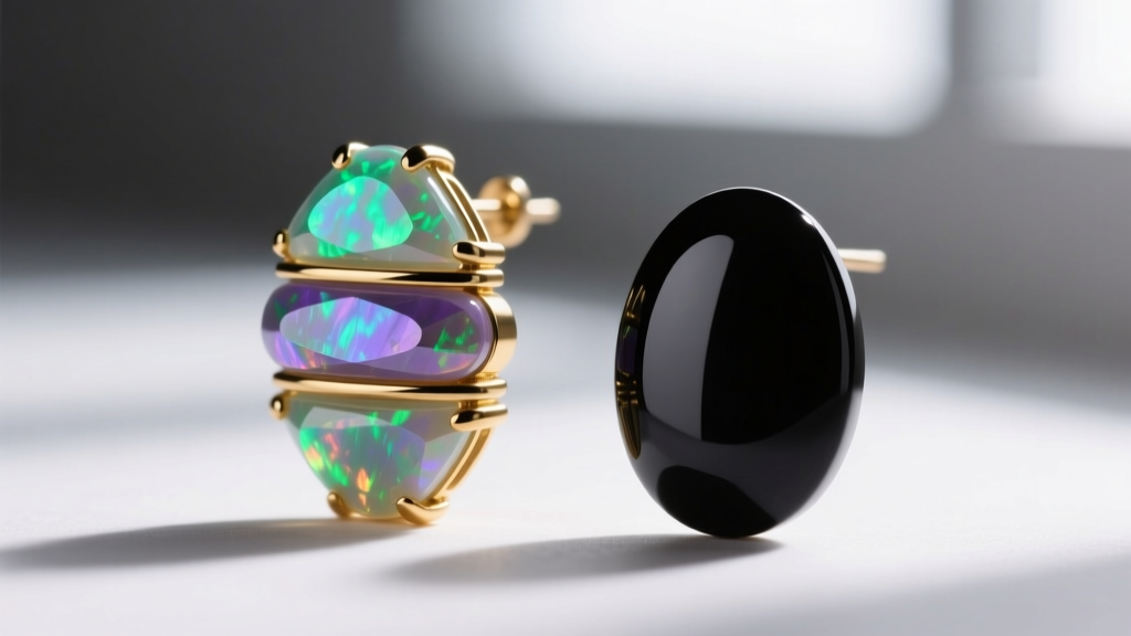 Macro side-profile comparing a layered opal triplet earring and a solid black opal earring to highlight structural thickness.