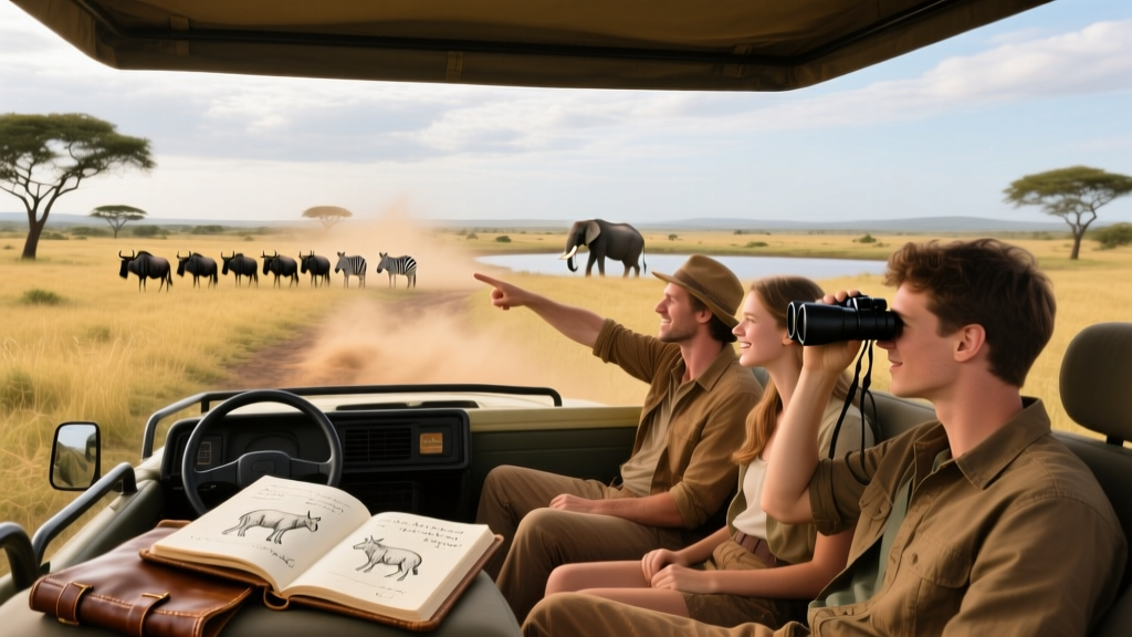 A jeep driving down the savannah plains of Kenya while on safari